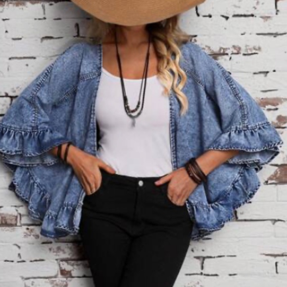 BellanBlue Jackets & Blazers - Boho Denim Open Front Ruffle Detail Light Jacket Coat